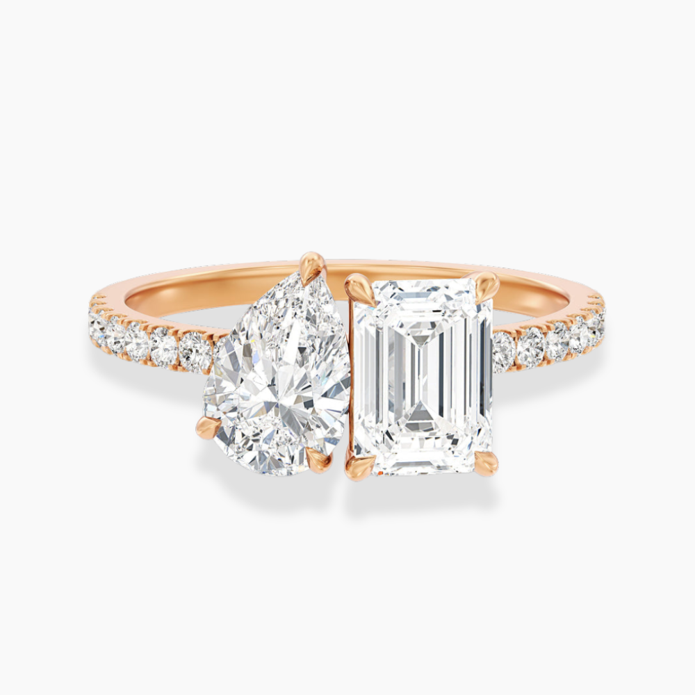 Toi et Moi Bezel Lab Diamond Engagement Ring in 18K Gold - Pear and Emerald