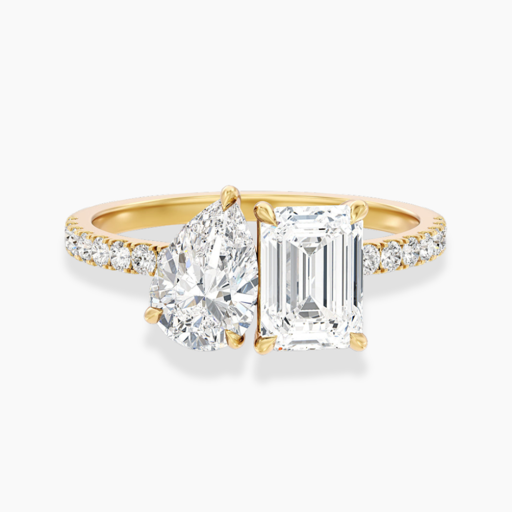 Toi et Moi Bezel Lab Diamond Engagement Ring in 18K Gold - Pear and Emerald