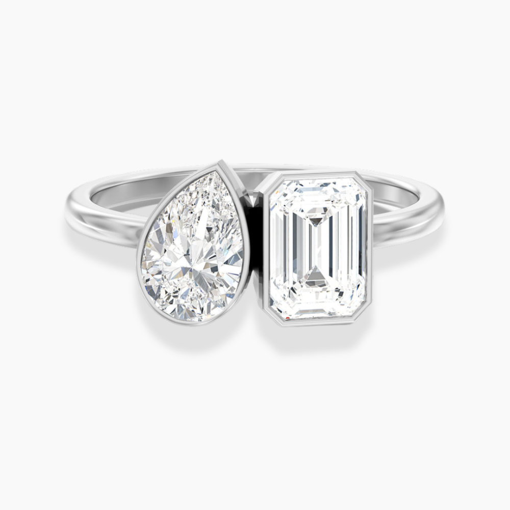 Toi et Moi Bezel Lab Diamond Engagement Ring in 18K Gold - Pear and Emerald