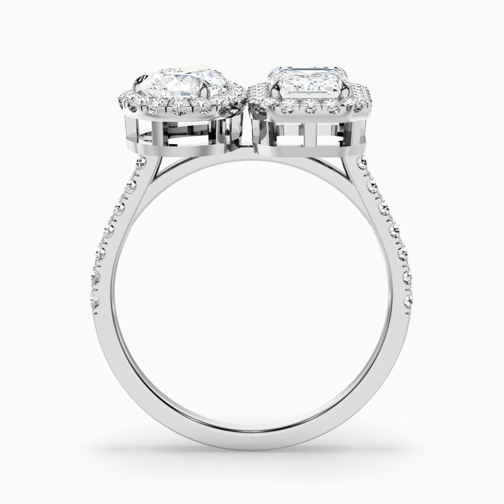 Toi et Moi Halo Pave Lab Diamond Engagement Ring in 18K Gold - Pear and Emerald