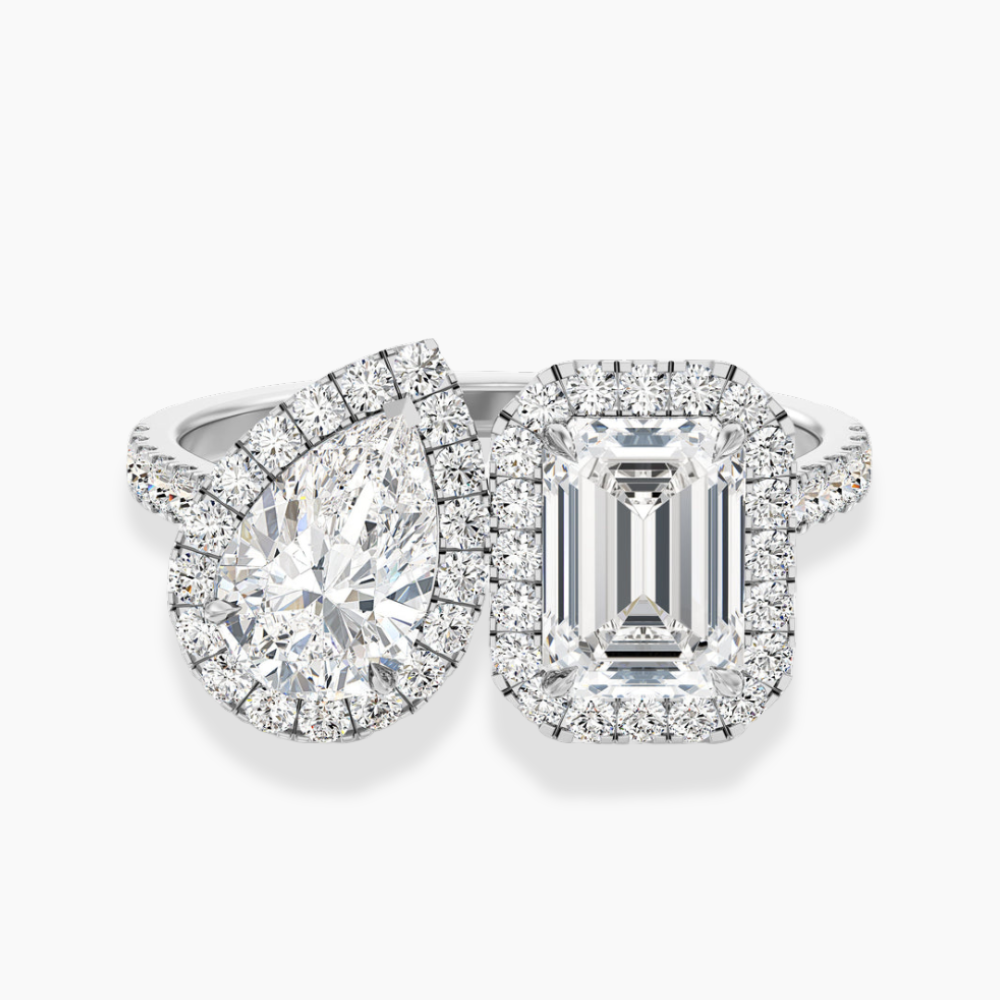 Toi et Moi Halo Pave Lab Diamond Engagement Ring in 18K Gold - Pear and Emerald