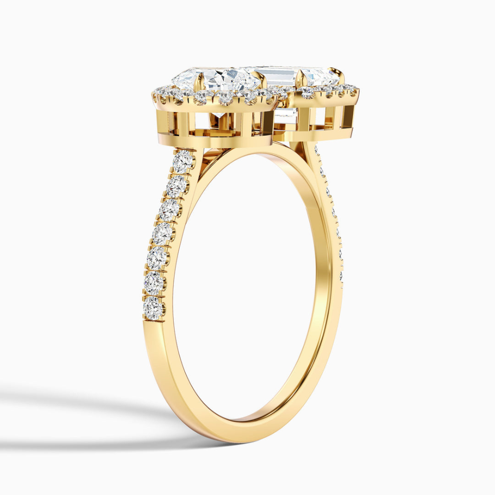 Toi et Moi Halo Pave Lab Diamond Engagement Ring in 18K Gold - Pear and Emerald
