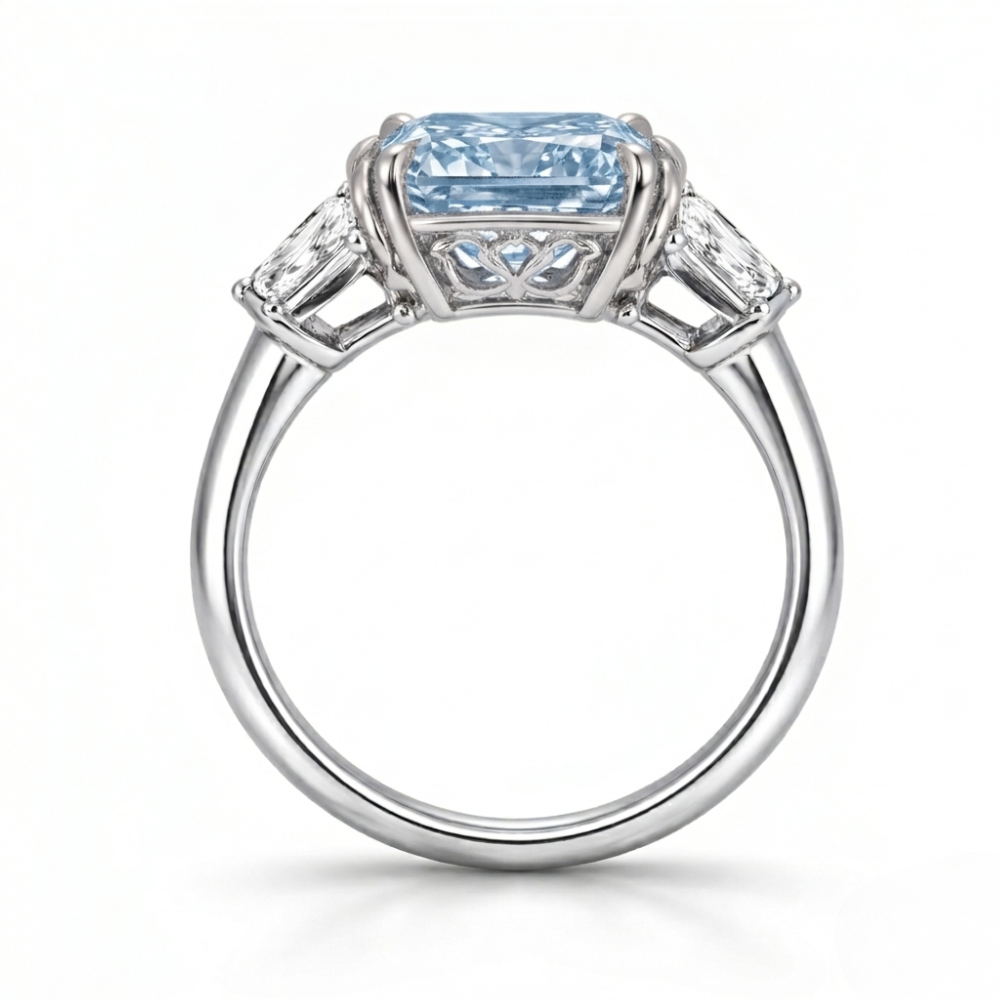 Trilogy Fancy Blue Asscher (Trapezoid Side Diamonds) Lab Diamond Ring in White Gold 18K
