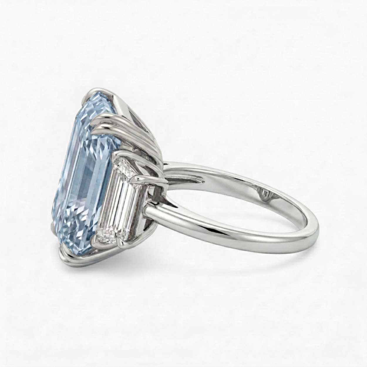 Trilogy Fancy Blue Emerald (Trapezoid Side Diamonds) Lab Diamond Ring in White Gold 18K