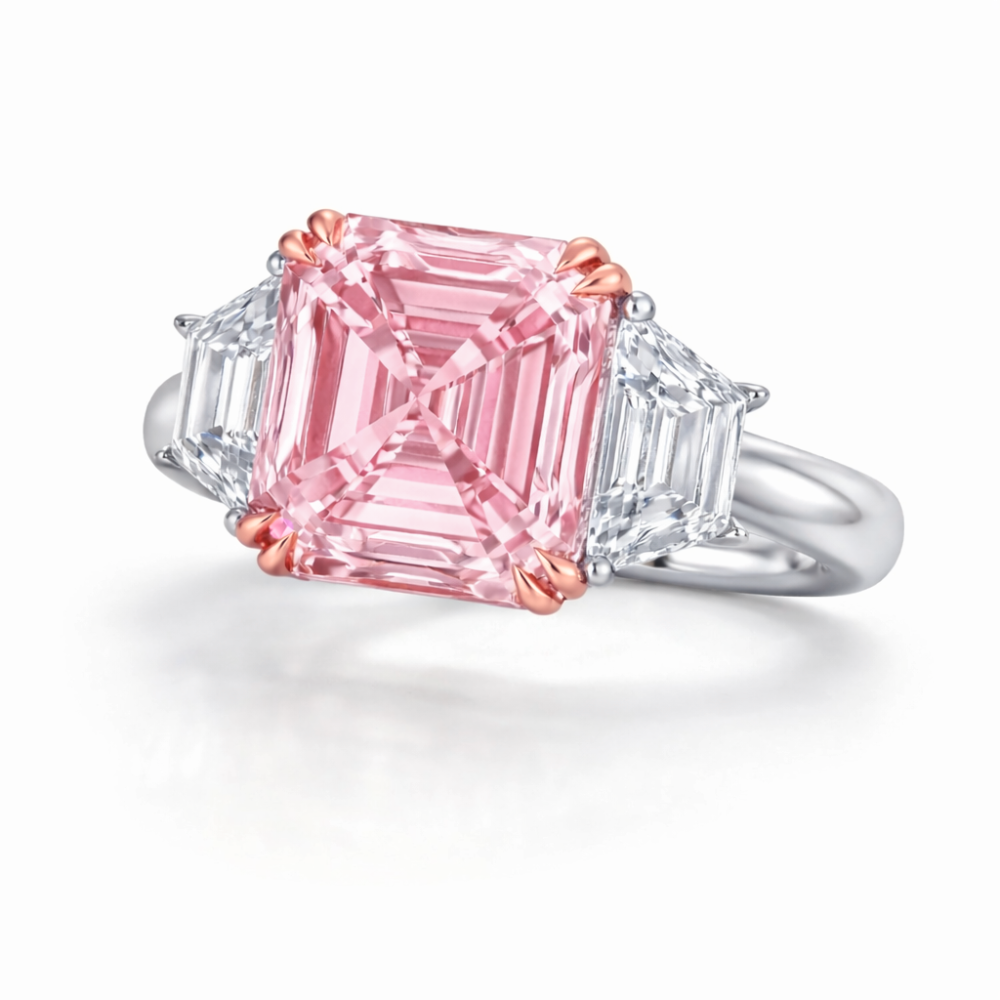 Trilogy Fancy Pink Asscher (Trapezoid Side Diamonds) Lab Diamond Ring in White Gold 18K