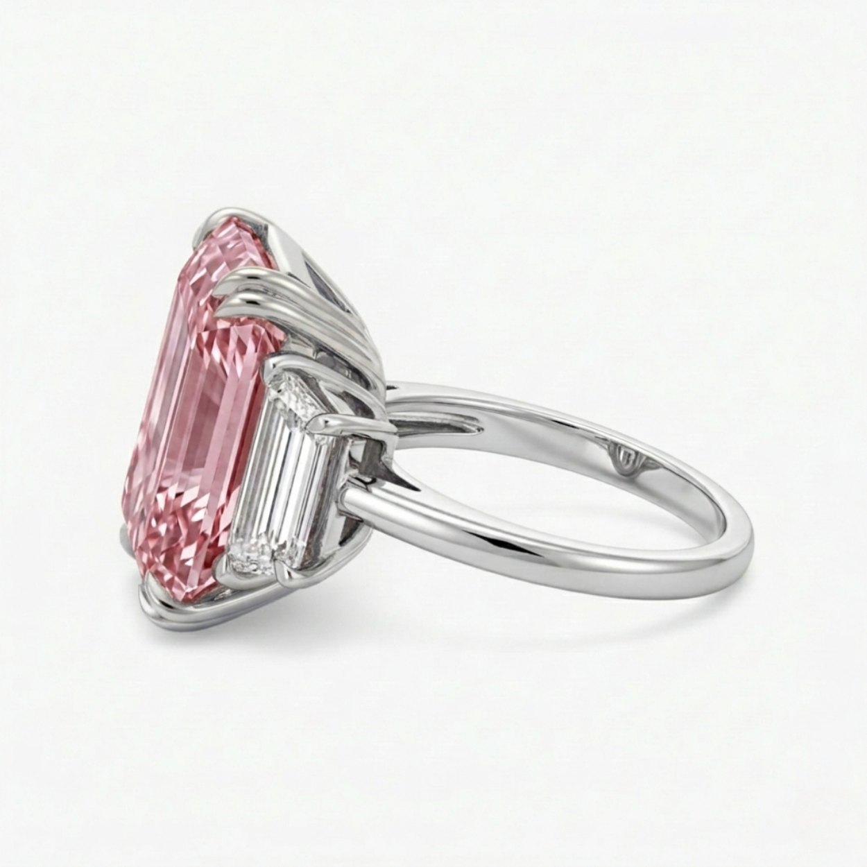 Trilogy Fancy Pink Emerald (Trapezoid Side Diamonds) Lab Diamond Ring in White Gold 18K