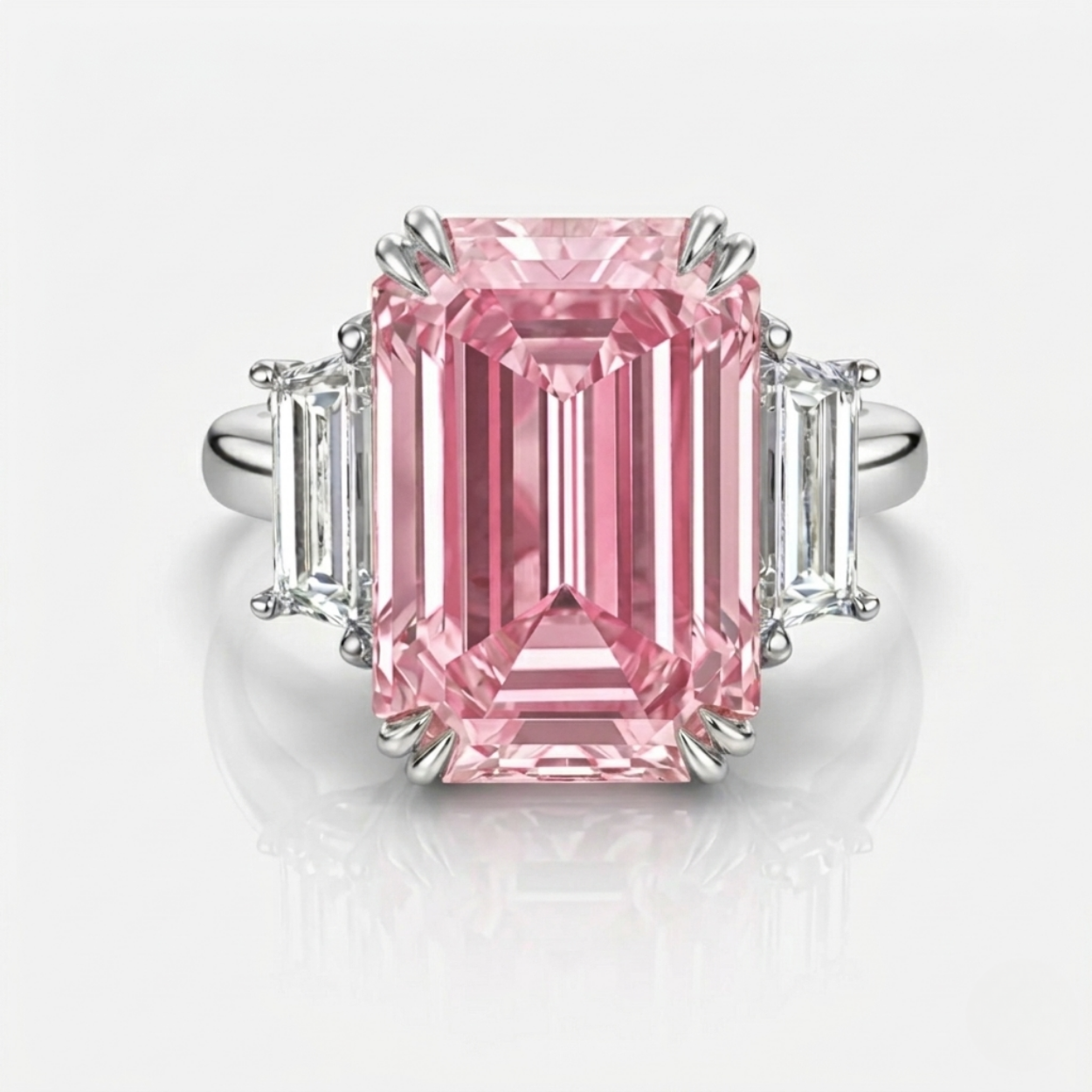 Trilogy Fancy Pink Emerald (Trapezoid Side Diamonds) Lab Diamond Ring in White Gold 18K