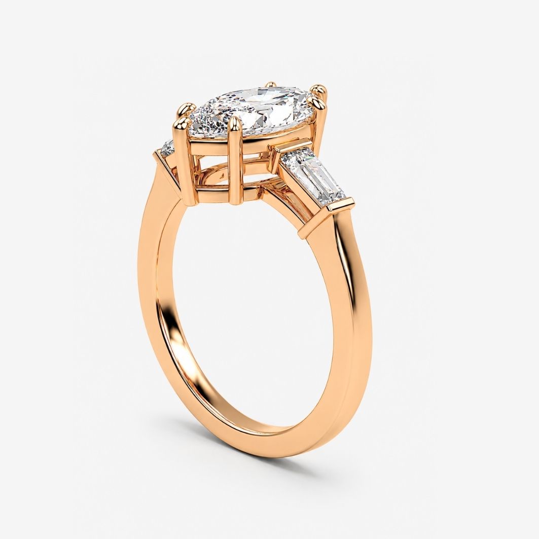 Trilogy (Baguette Side Diamonds) Lab Grown Diamond Engagement Ring in 18K Gold - Marquise