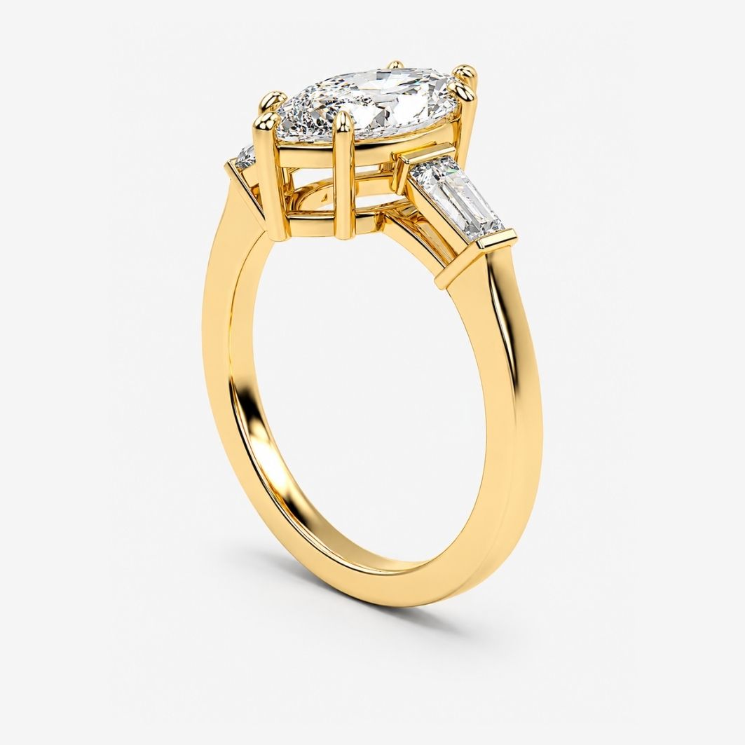 Trilogy (Baguette Side Diamonds) Lab Grown Diamond Engagement Ring in 18K Gold - Marquise