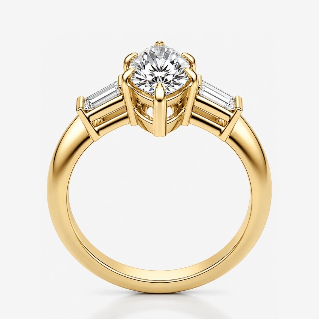 Trilogy (Baguette Side Diamonds) Lab Grown Diamond Engagement Ring in 18K Gold - Marquise