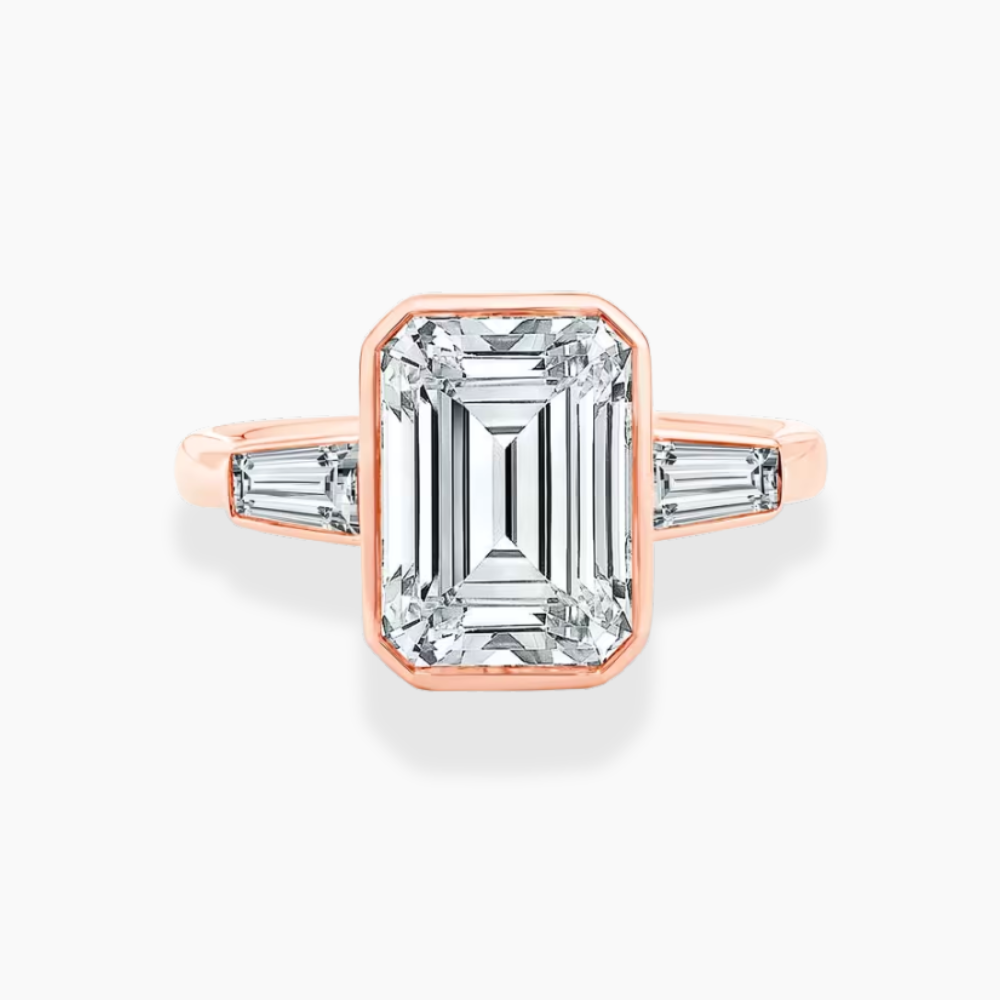 Trilogy (Baguette Side Diamonds) Emerald Lab Diamond Engagement Ring in 18K Gold