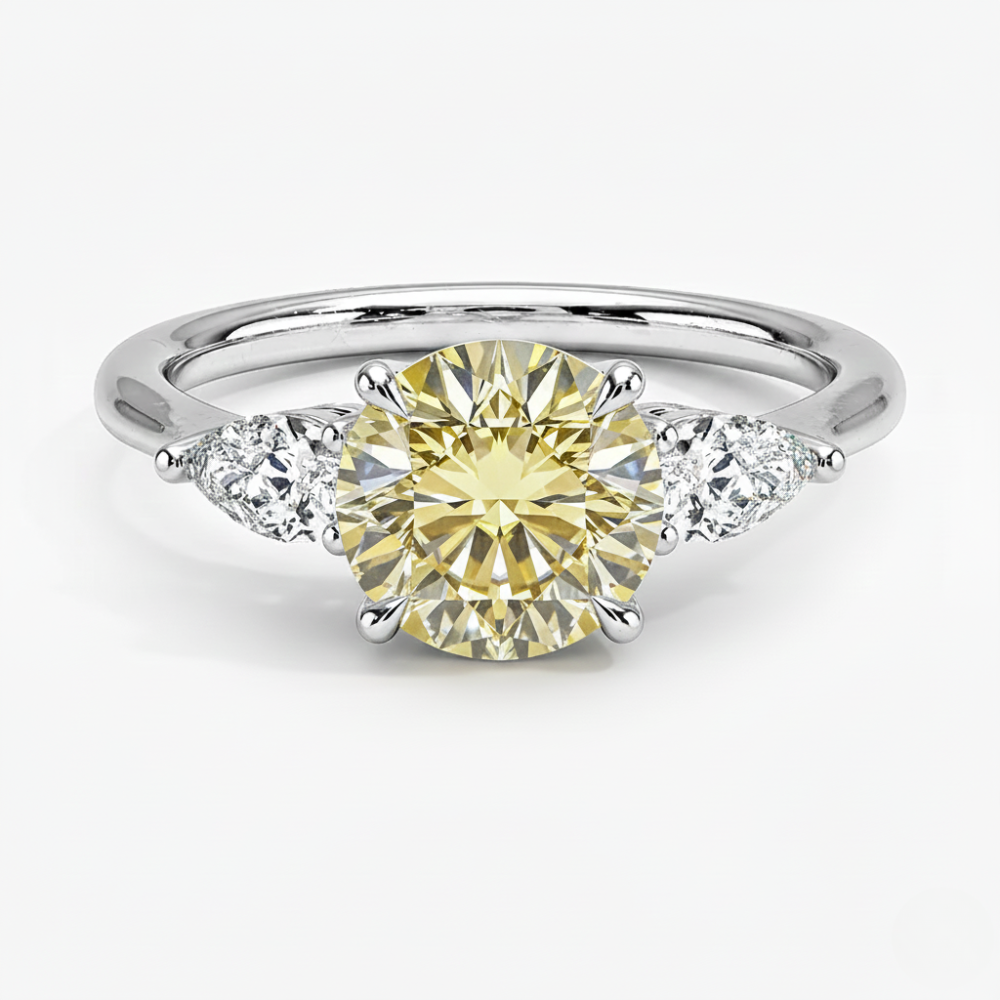 Trilogy Fancy Colored Lab Diamond Ring (Pear Side Diamonds) in White Gold 18K