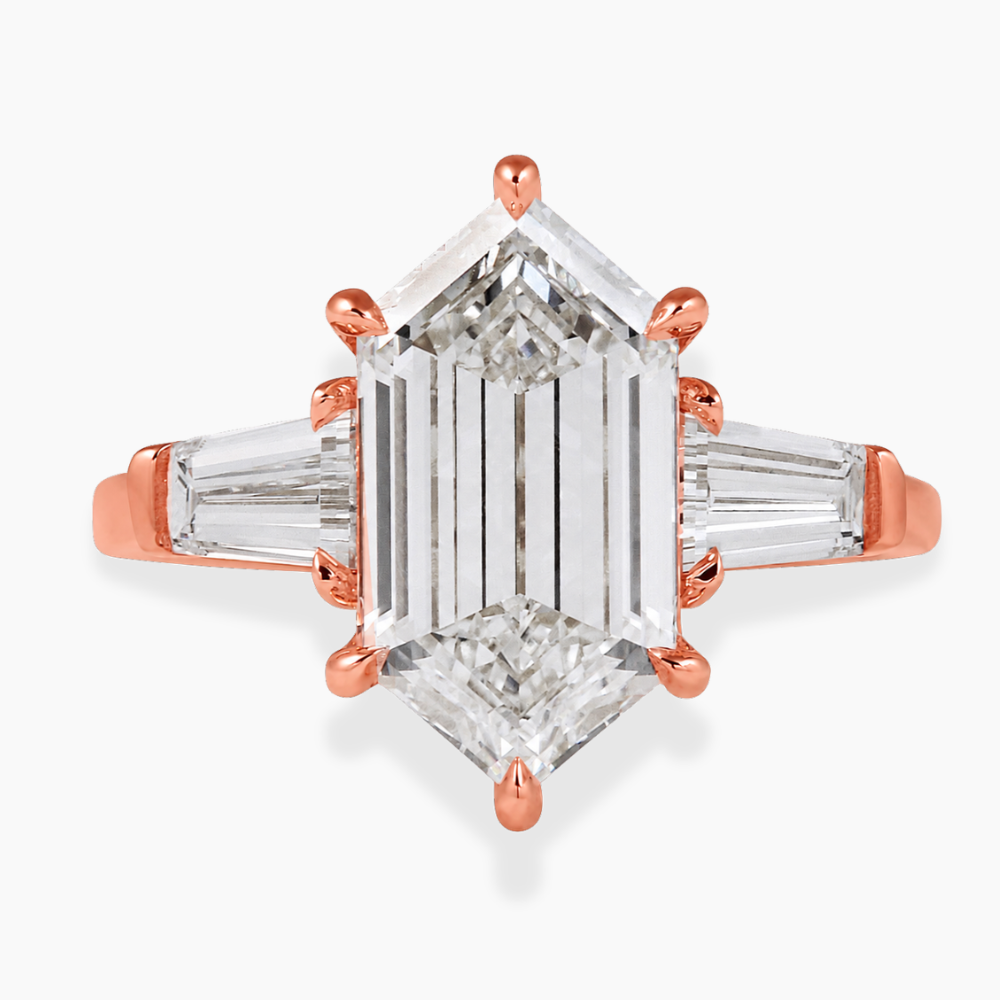Trilogy (Baguette Side Diamonds) Hexagon Lab Diamond Engagement Ring in 18K Gold
