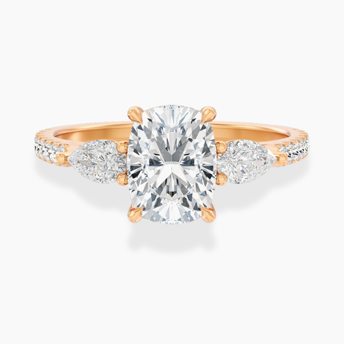 Trilogy Pave Cushion (Pear Side Stones) Lab Grown Diamond Engagement Ring in 18K Gold