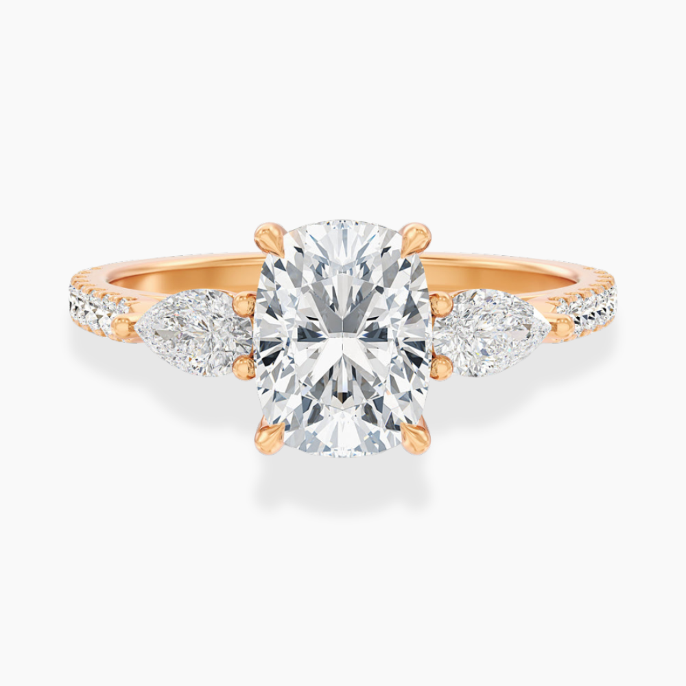 Trilogy Pave Cushion (Pear Side Stones) Lab Grown Diamond Engagement Ring in 18K Gold
