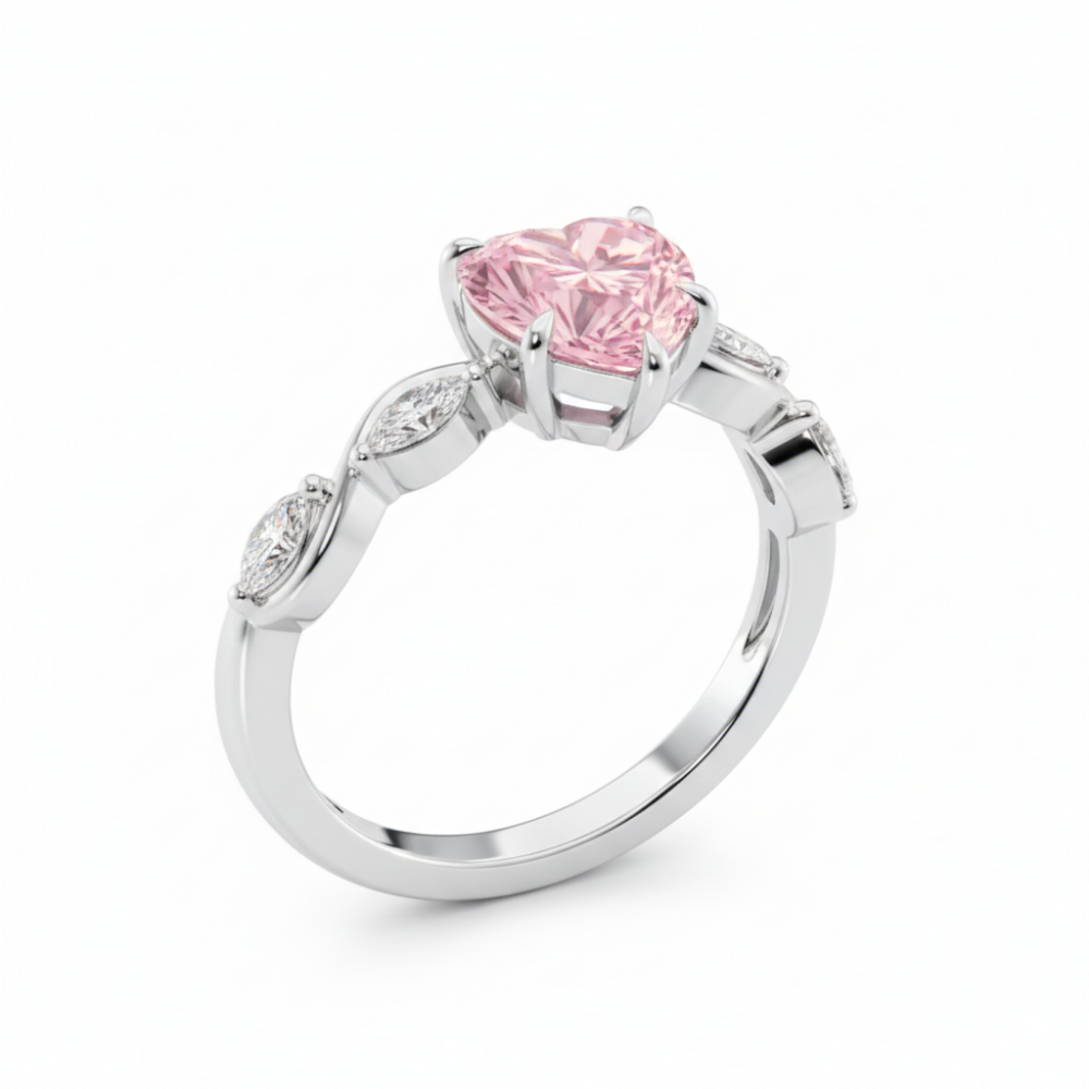 Marquise Accents Pink Heart Lab Diamond Ring in White Gold 18K