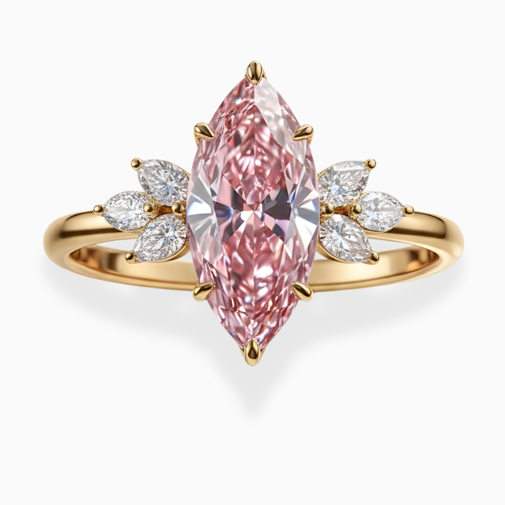 Maryline Accents Fancy Pink Marquise Lab Diamond Ring (Pear & Marquise Side Diamonds)  in Yellow Gold 18K