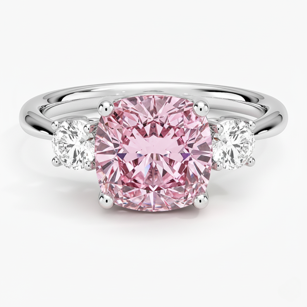 Trilogy Fancy Pink Cushion Lab Diamond Ring (Round Side Diamonds) in White Gold 18K