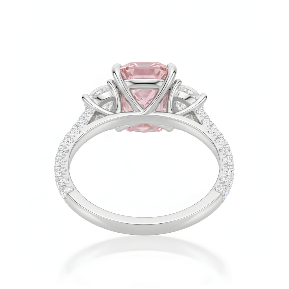 Trilogy Pave Fancy Pink Cushion (Oval Sides) Lab Diamond Ring in White Gold 18K