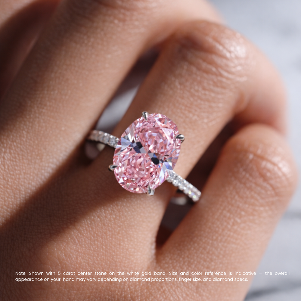 Pave Fancy Pink Oval Lab Diamond Ring in White Gold 18K