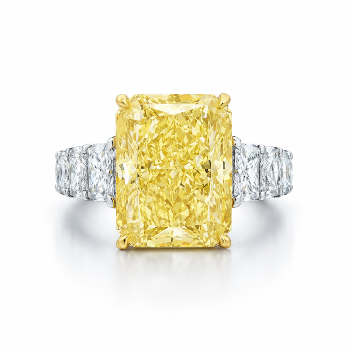 Shamsa Fancy Yellow Radiant on a Graduating Radiant Eternity Band Lab Diamond Ring in White Gold 18K