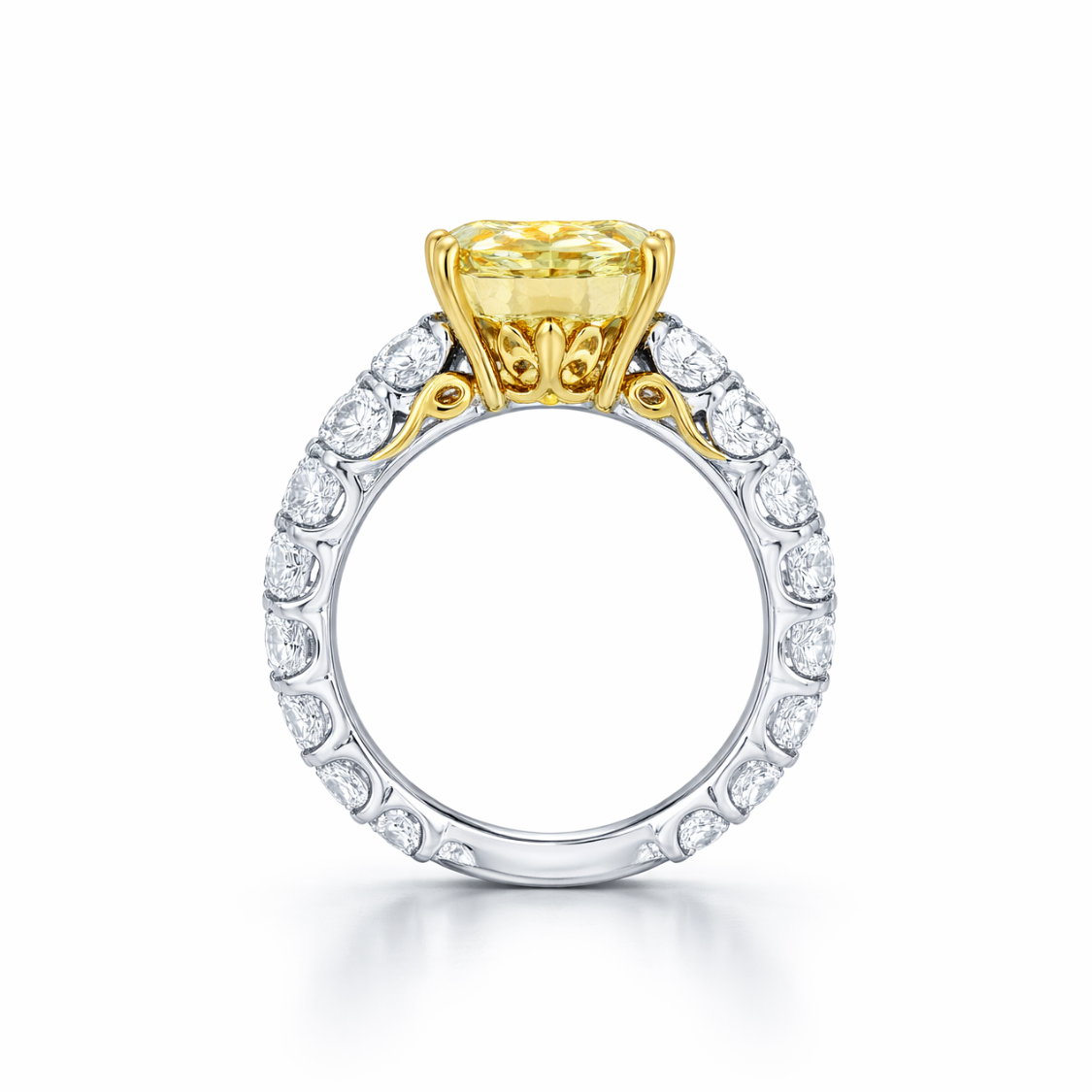 Shamsa Fancy Yellow Radiant on a Graduating Radiant Eternity Band Lab Diamond Ring in White Gold 18K