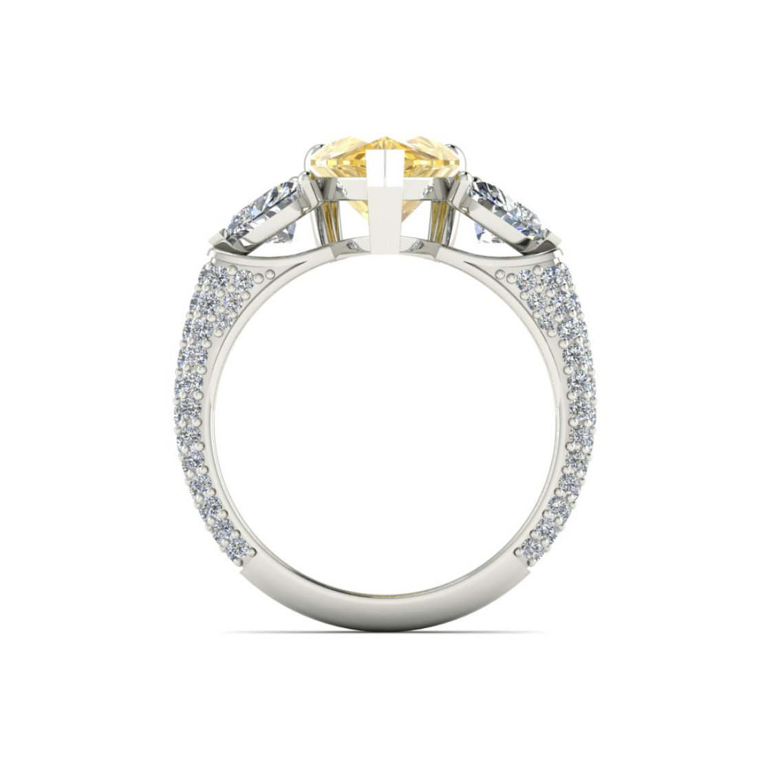 Trilogy Fancy Yellow Pear (Heart Side Diamonds) Lab Diamond Ring on a 3-sided Pave in White Gold 18K