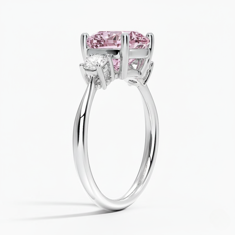 Trilogy Fancy Pink Cushion Lab Diamond Ring (Round Side Diamonds) in White Gold 18K