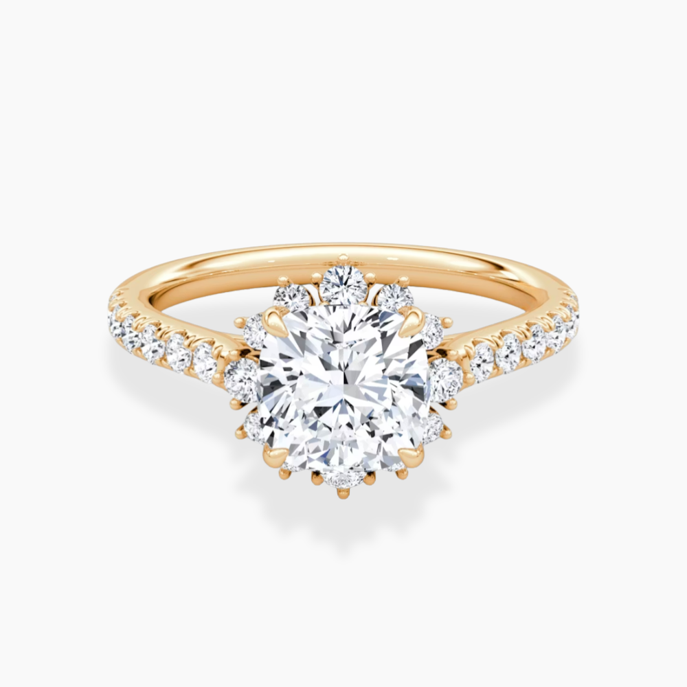 Charlene Vintage Halo Pave Cushion Lab Grown Diamond Engagement Ring in 18K Gold