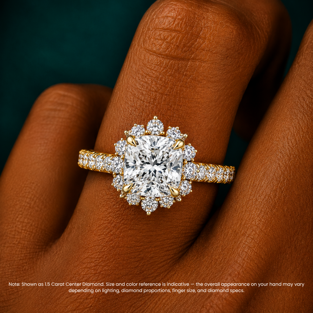 Charlene Vintage Halo Pave Cushion Lab Grown Diamond Engagement Ring in 18K Gold