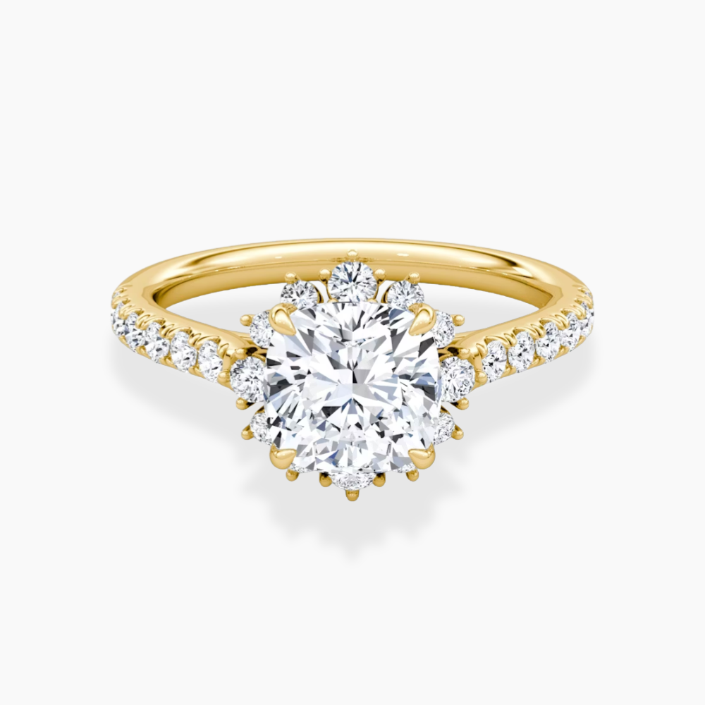 Charlene Vintage Halo Pave Cushion Lab Grown Diamond Engagement Ring in 18K Gold