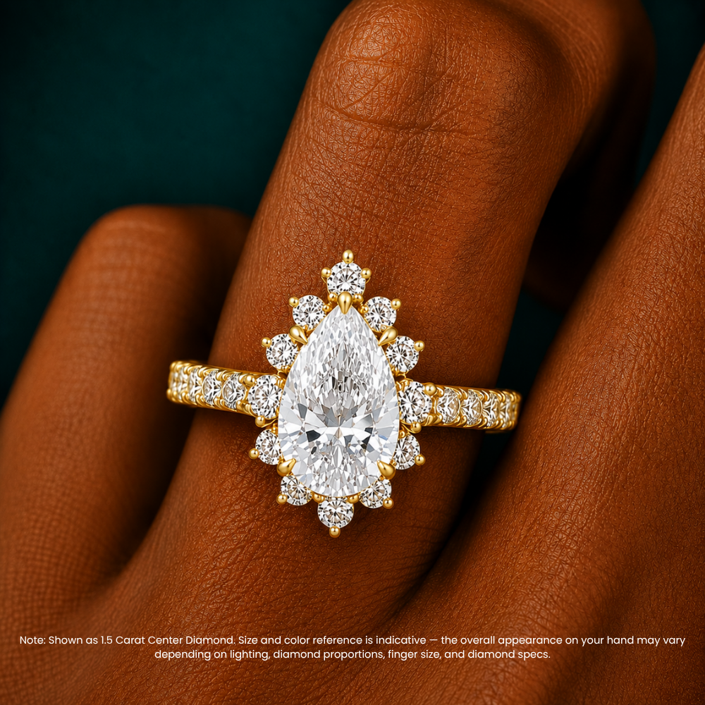 Charlene Vintage Halo Pave Pear Lab Grown Diamond Engagement Ring in 18K Gold