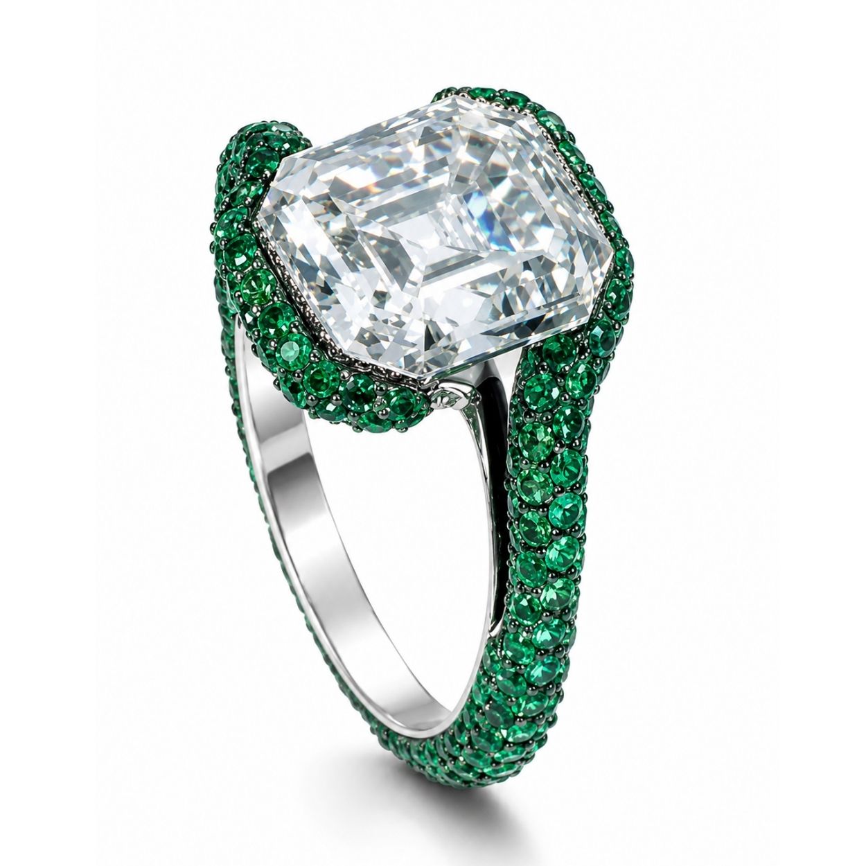 Hera Curved Pave Asscher Fancy Green Side Diamonds Lab Diamond Ring in White Gold 18K