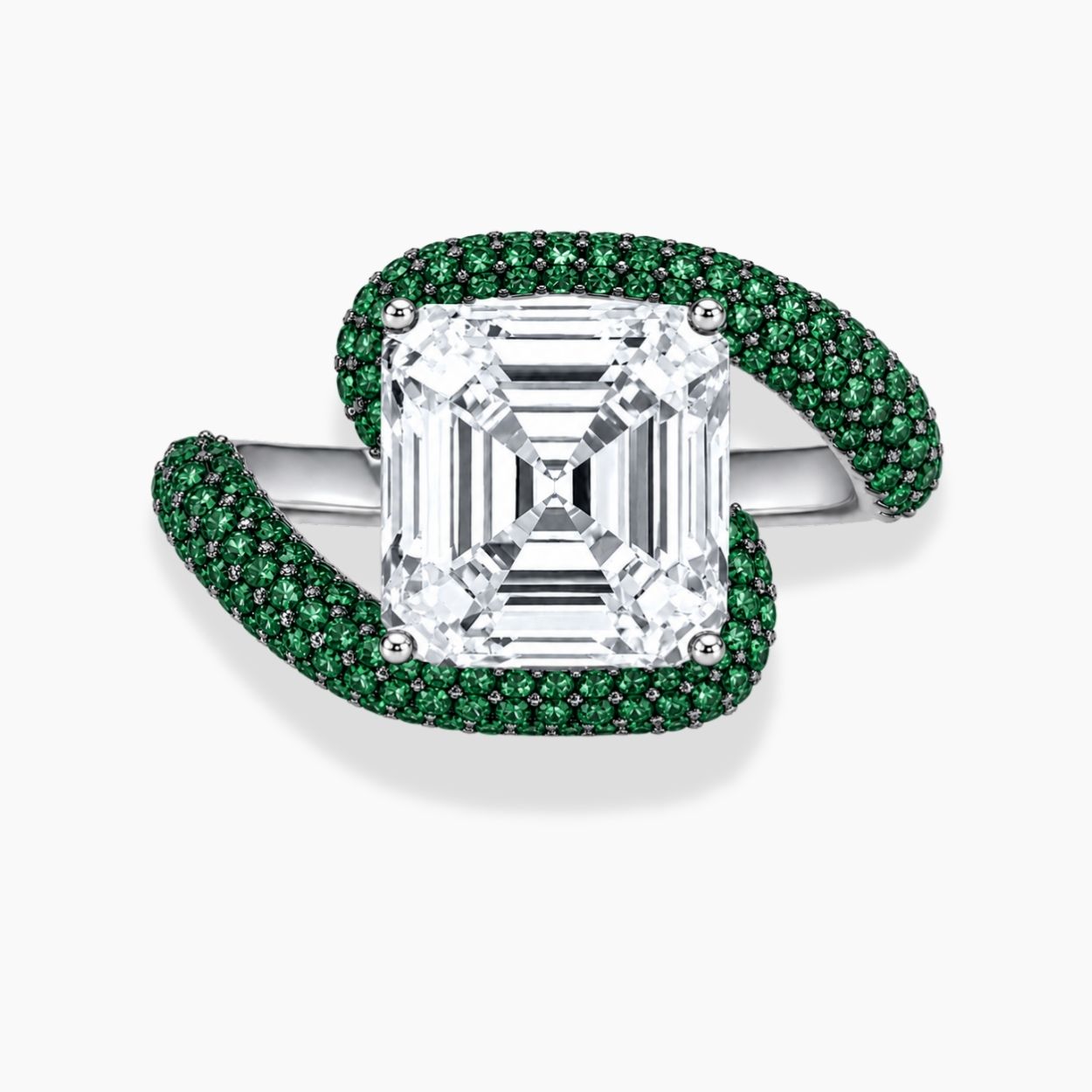 Hera Curved Pave Asscher Fancy Green Side Diamonds Lab Diamond Ring in White Gold 18K