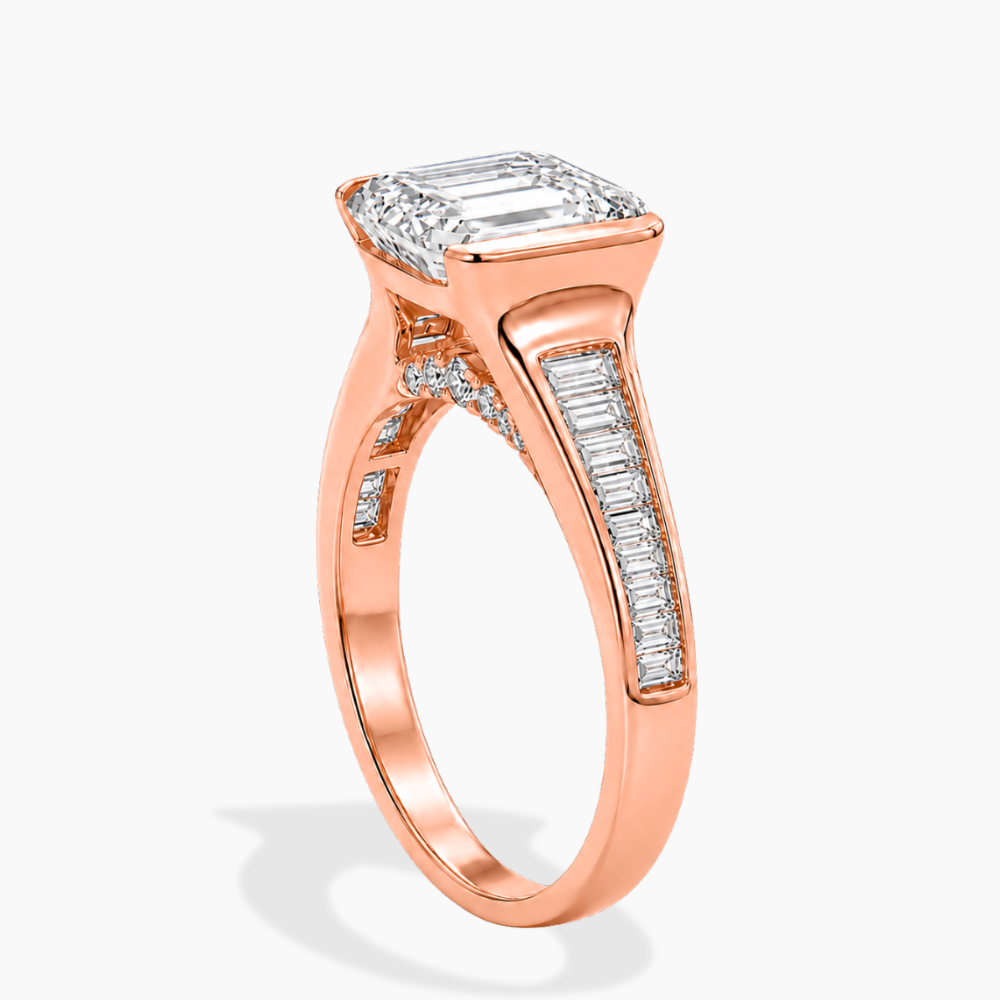 Ella Accents (Baguette Side Diamonds) Half-Bezel Emerald Lab Grown Diamond Engagement Ring  in 18K Gold