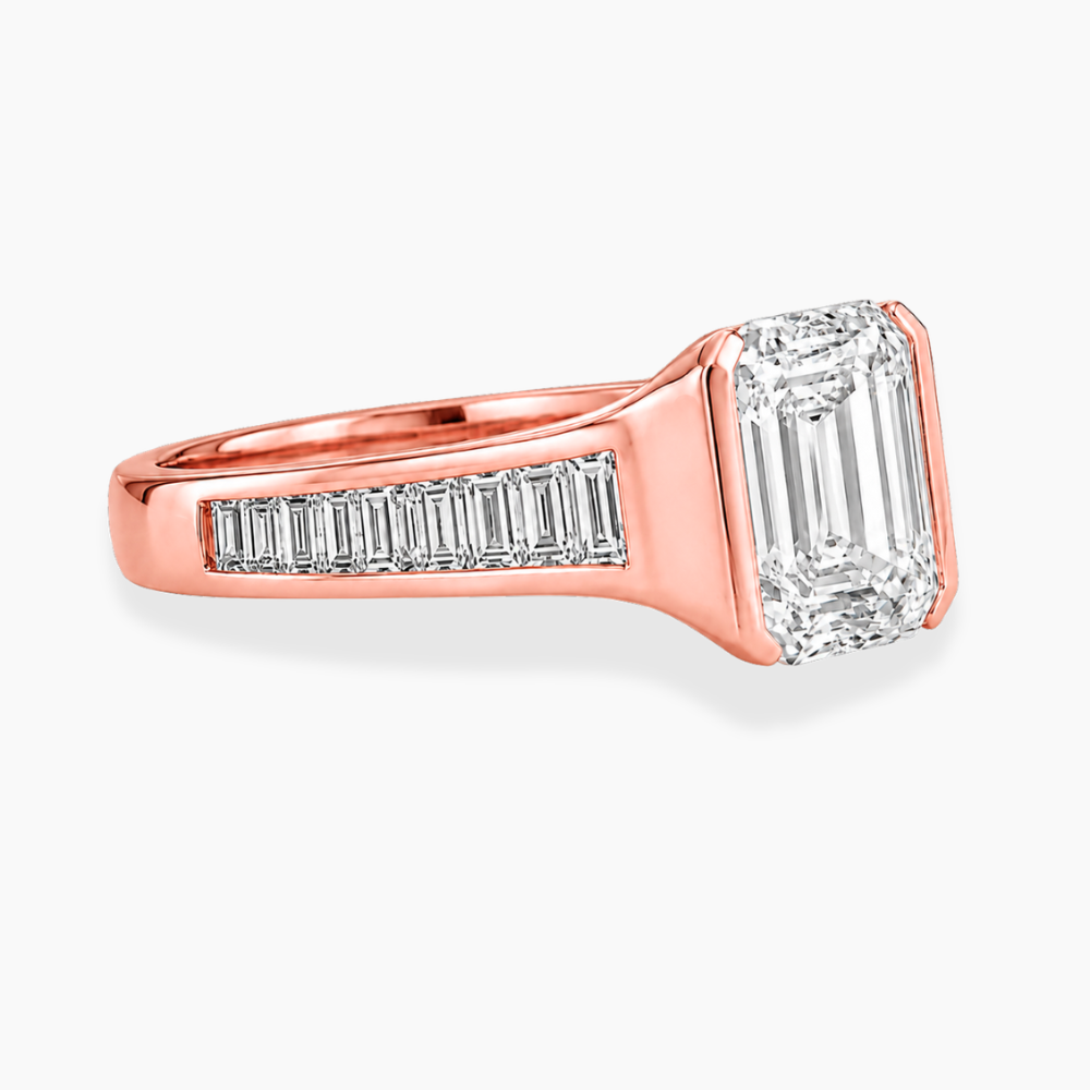Ella Accents (Baguette Side Diamonds) Half-Bezel Emerald Lab Grown Diamond Engagement Ring  in 18K Gold