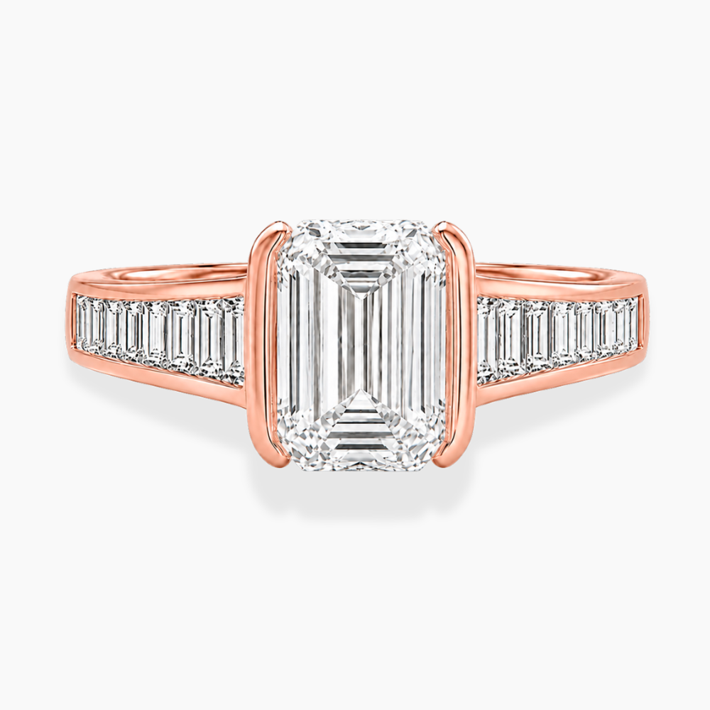 Ella Accents (Baguette Side Diamonds) Half-Bezel Emerald Lab Grown Diamond Engagement Ring  in 18K Gold