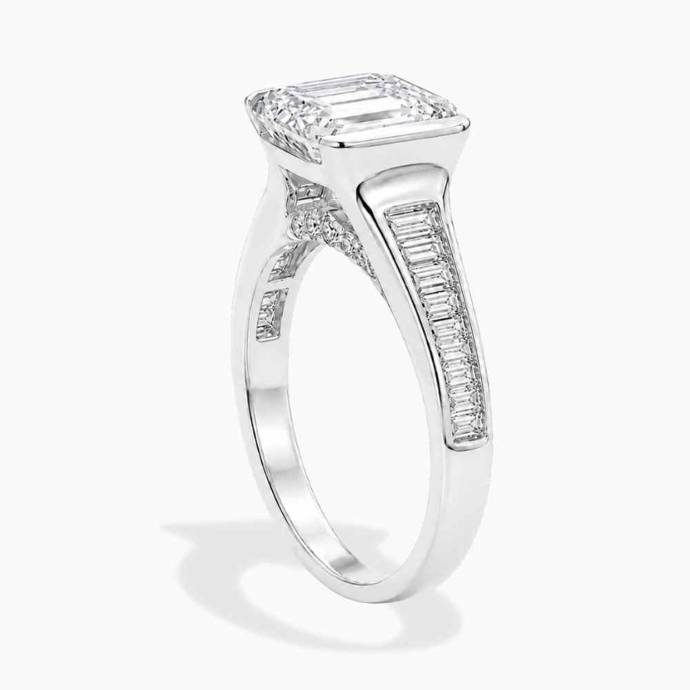 Ella Accents (Baguette Side Diamonds) Half-Bezel Emerald Lab Grown Diamond Engagement Ring  in 18K Gold