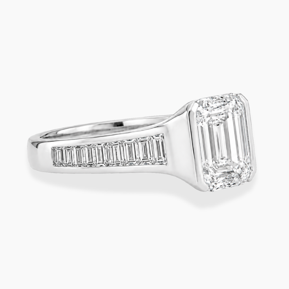 Ella Accents (Baguette Side Diamonds) Half-Bezel Emerald Lab Grown Diamond Engagement Ring  in 18K Gold