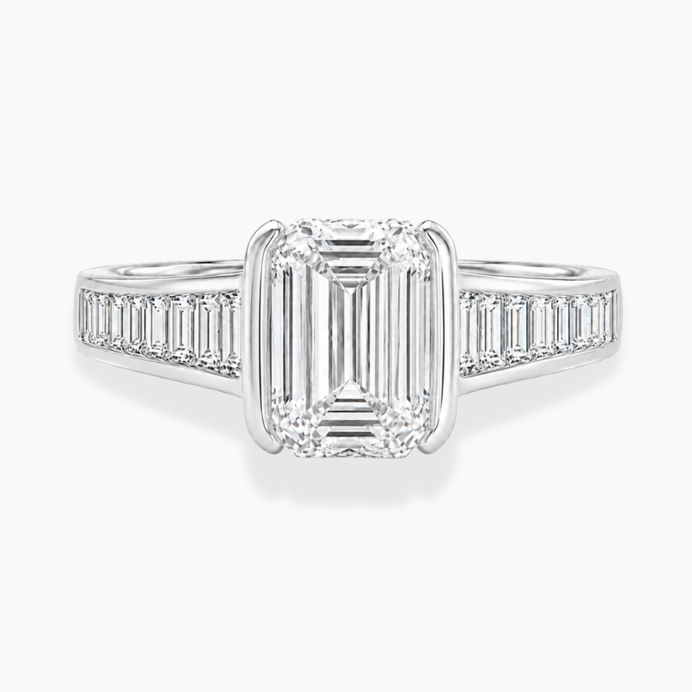 Ella Accents (Baguette Side Diamonds) Half-Bezel Emerald Lab Grown Diamond Engagement Ring  in 18K Gold