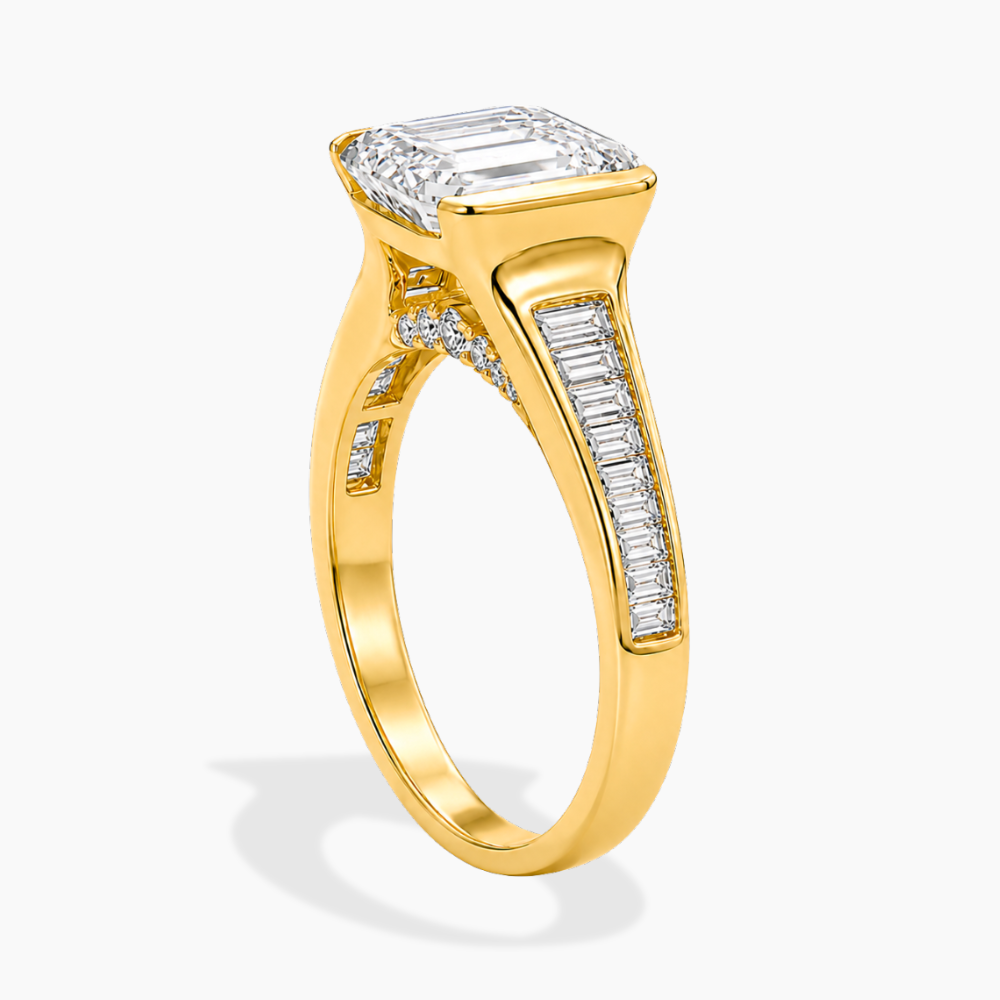 Ella Accents (Baguette Side Diamonds) Half-Bezel Emerald Lab Grown Diamond Engagement Ring  in 18K Gold
