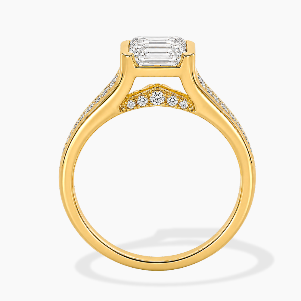 Ella Accents (Baguette Side Diamonds) Half-Bezel Emerald Lab Grown Diamond Engagement Ring  in 18K Gold