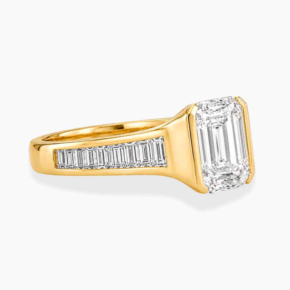 Ella Accents (Baguette Side Diamonds) Half-Bezel Emerald Lab Grown Diamond Engagement Ring  in 18K Gold