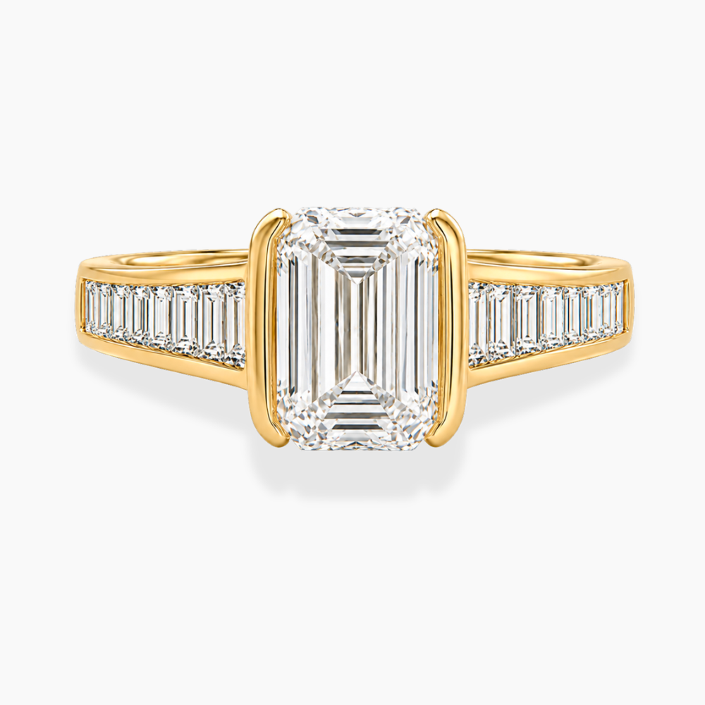 Ella Accents (Baguette Side Diamonds) Half-Bezel Emerald Lab Grown Diamond Engagement Ring  in 18K Gold