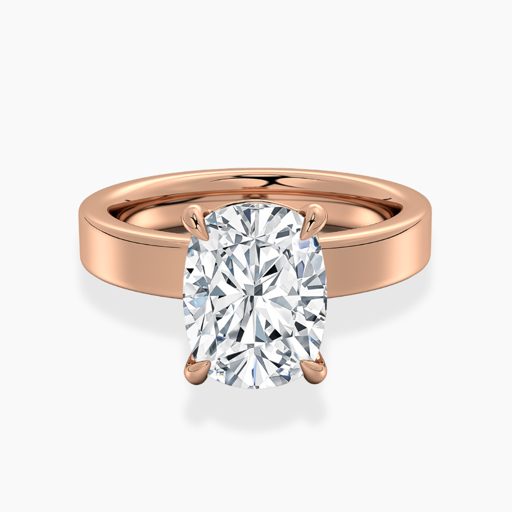 Flat Wide Cigar Band Cushion Solitaire Lab Grown Diamond Engagement Ring 18K Gold