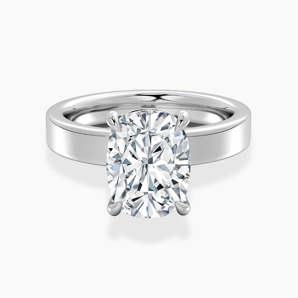 Flat Wide Cigar Band Cushion Solitaire Lab Grown Diamond Engagement Ring 18K Gold