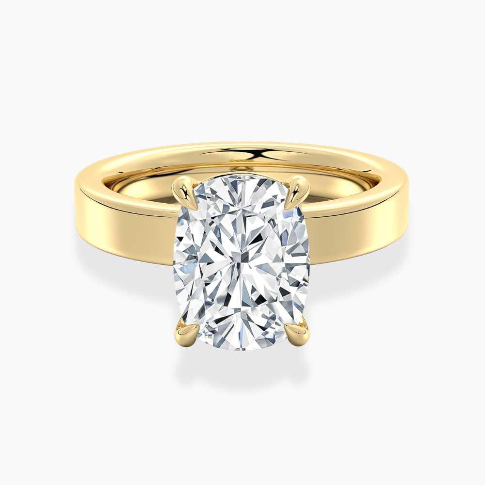 Flat Wide Cigar Band Cushion Solitaire Lab Grown Diamond Engagement Ring 18K Gold
