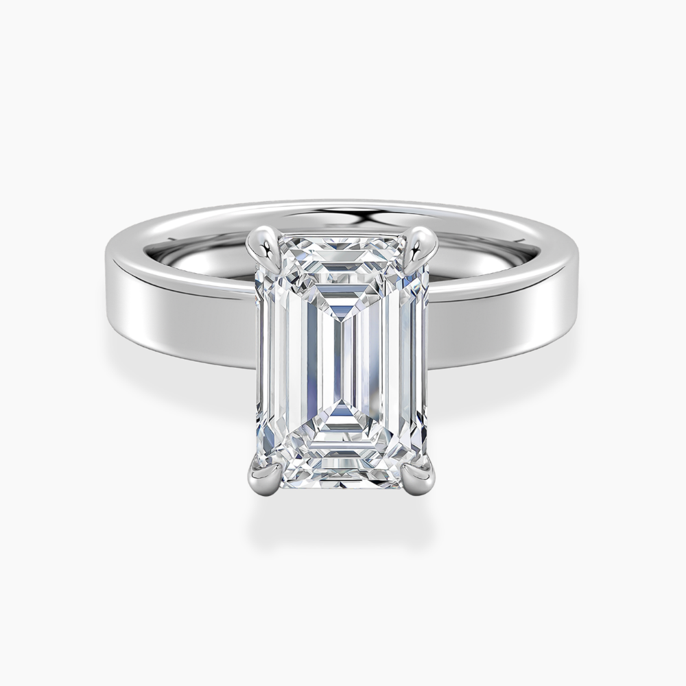 Flat Wide Cigar Band Emerald Solitaire Lab Grown Diamond Engagement Ring 18K Gold