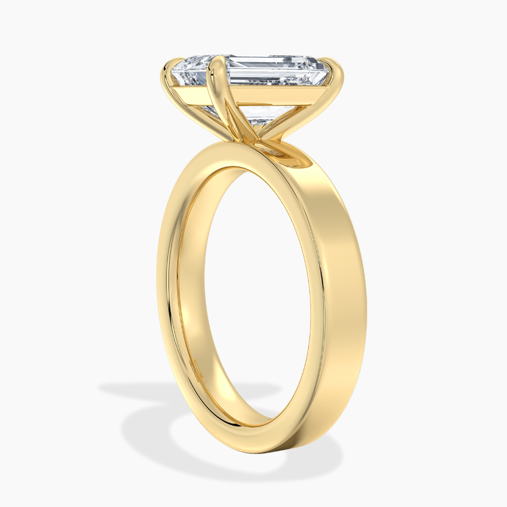 Flat Wide Cigar Band Emerald Solitaire Lab Grown Diamond Engagement Ring 18K Gold