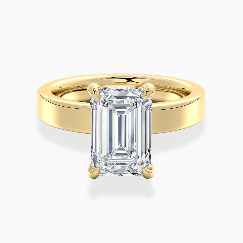 Flat Wide Cigar Band Emerald Solitaire Lab Grown Diamond Engagement Ring 18K Gold